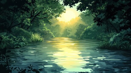 Sunlit river flows through lush jungle, serene background for game design