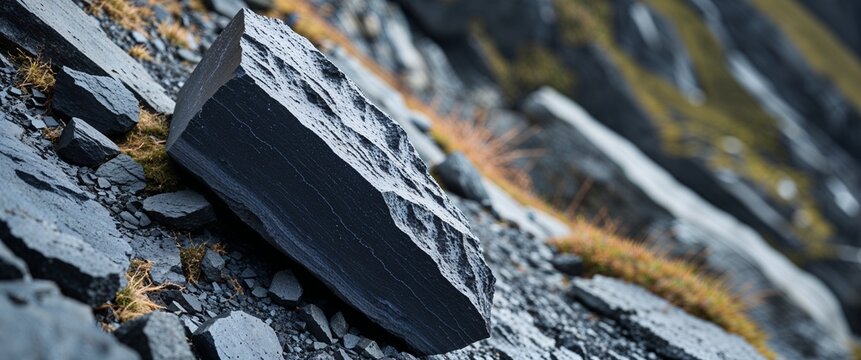 Graphite black phyllite stone in rocky slope with close up background