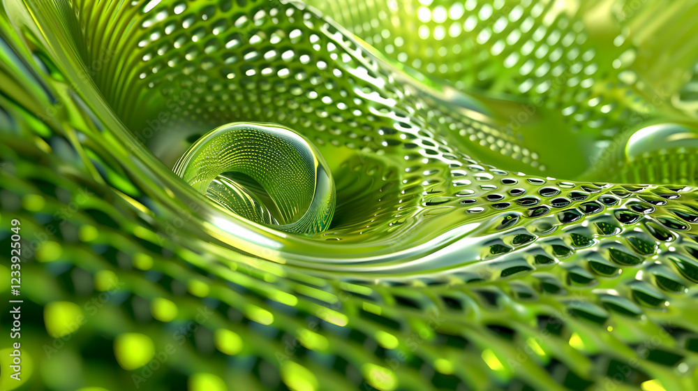 Poster abstract green wave pattern with fluid, mesh-like textures creating a dynamic visual effect.