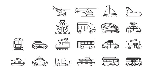 Vehicle Line Editable Icons Set – Modern Thin Line Transport Illustrations