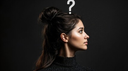 Woman in profile with question mark on dark background. Ideal for mystery and psychological exploration themes.