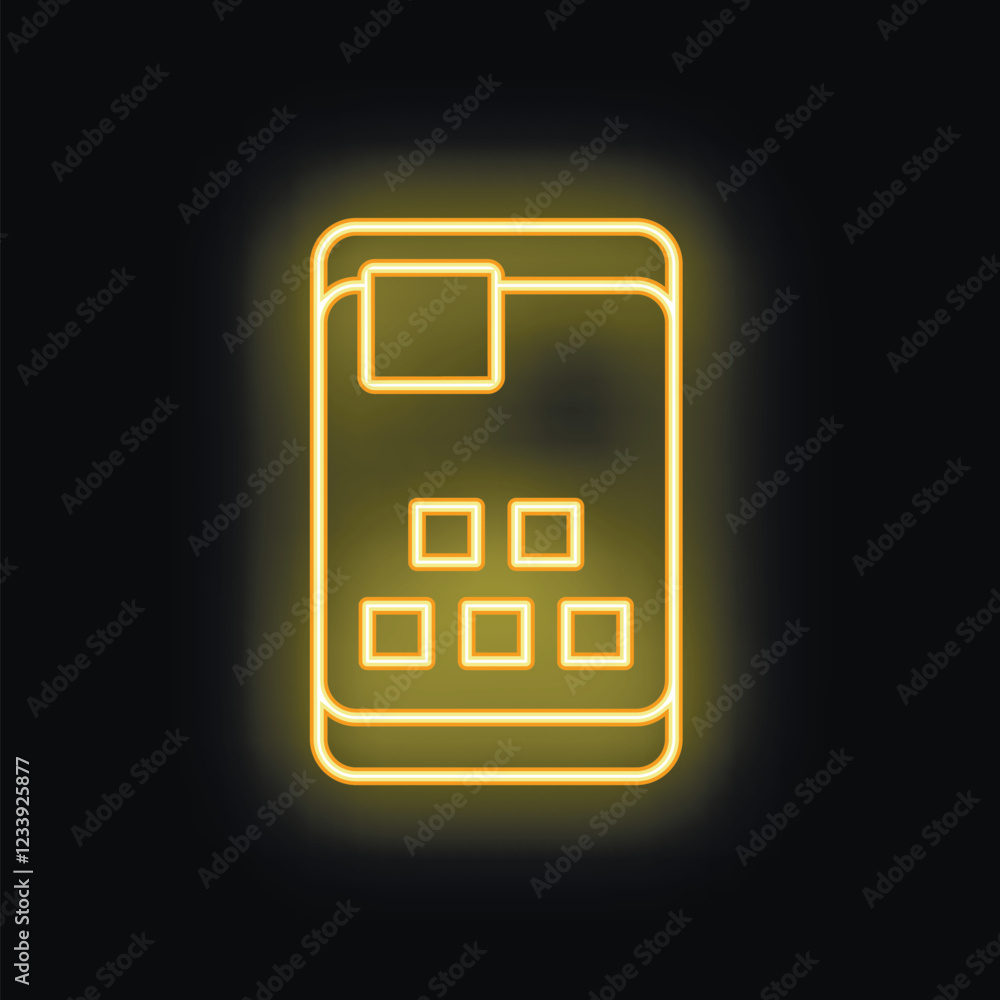 Poster Glowing neon smartphone showing an application with user profiles