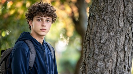 Thoughtful male student leaning against tree trunk. Perfect for youth contemplation and nature connection themes.
