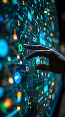 Hand Interacting with Futuristic Digital Interface Data Visualization Technology Concept