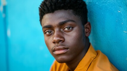 Obraz premium Confident young African American man against blue background. Ideal for modern portrait and youth identity themes.