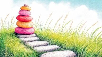 Colorful Stone Stack on Grassy Hillside Path
