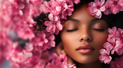 Naklejka premium Beautiful african american woman in pink flowers. Abstract fashion background, template for Women's day
