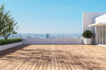 Modern contemporary empty wooden terrace with city view background 3d render