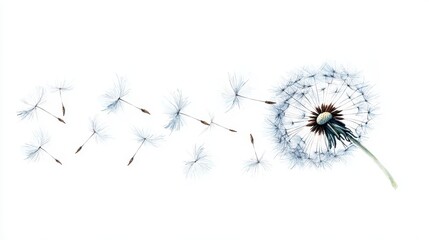 Delicate White Dandelion Seeds Blowing in the Wind on White Background