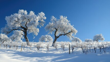 Frosty winter trees vineyard landscape, bright sun