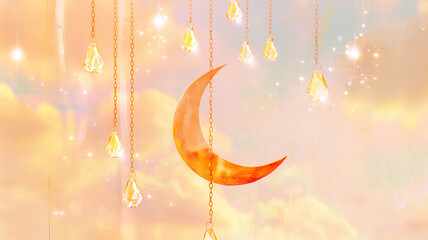 Metallic orange-gold tones cradle a delicate crescent, interspersed with crystal prisms in a sleek, modern design.
