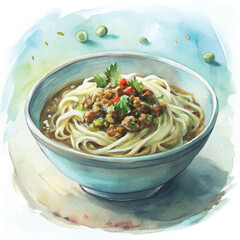 Watercolor painting showcasing a steaming bowl of authentic Dan Dan noodles