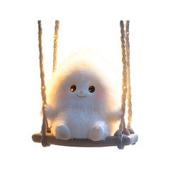 Fluffy 3D Cartoon Character Sitting on a Glowing Swing Isolated on Transparent Background