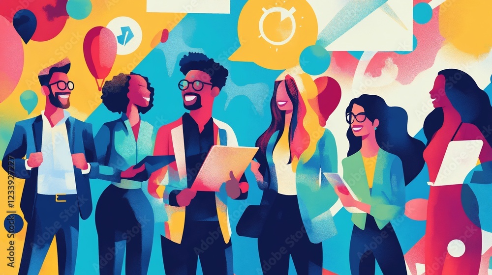 Poster diverse professionals collaborating against vibrant abstract backdrop in a dynamic team environment