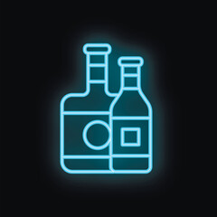 Blue neon sign depicting two bottles, possibly containing alcohol, against a dark backdrop
