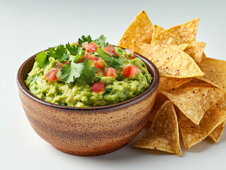 Close-up guacamole bowl with tortilla chips, vibrant colors, isolated on white.