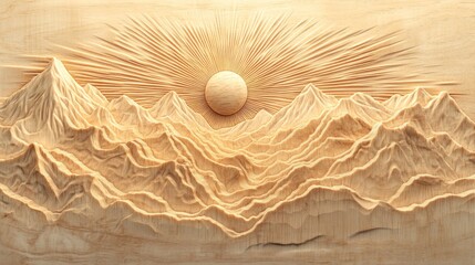 Intricate Wood Carving: Majestic Mountain Range at Sunrise