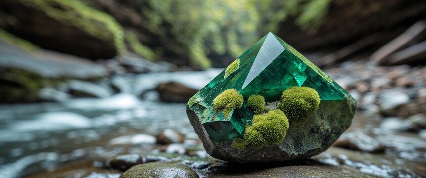Moss green peridotite stone in river gorge with close up background
