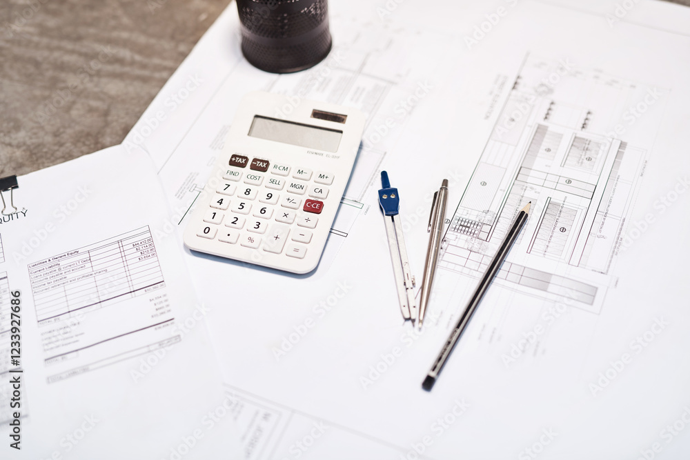 Aufkleber above, architecture and stationery on plan for business, design process and tools for productivity. 