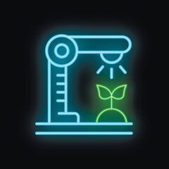 Neon glowing icon of automated vertical farm with uv lamp lighting young plant growing on soil