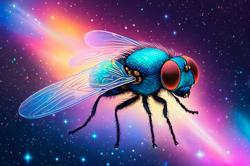Holographic fly consisting of many particles in the sky. Generative AI.
