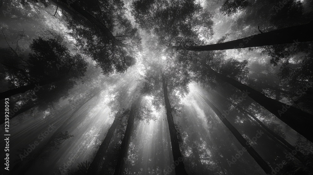 Aufkleber light filters through tall trees in a serene forest, creating a peaceful atmosphere during the early