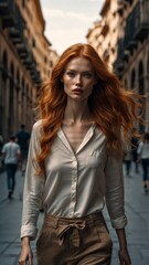 Obraz premium Confident red-haired woman walking through European city street