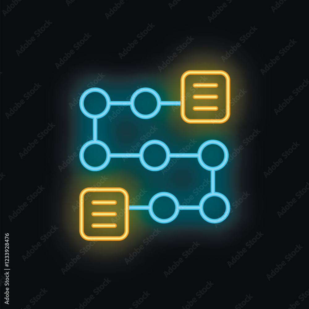 Poster glowing neon icon of an algorithm processing data with documents connected by lines
