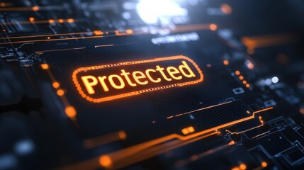 Orange Digital Shield with Protected Text on Circuit Board Background