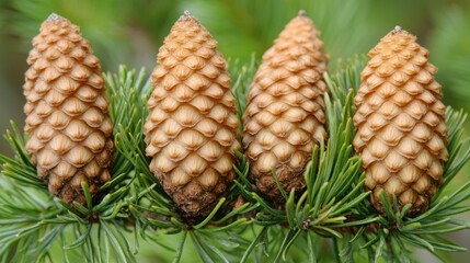 Fototapeta premium Four pine cones on branch, green background, nature closeup, botanical