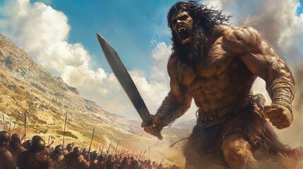 Obraz premium Battle between a giant warrior and an army in an ancient landscape at sunset