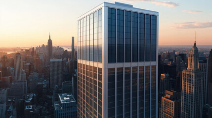 Modern skyscraper with transparent solar panels at sunset