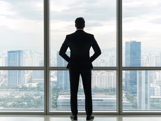 Fototapeta premium A leadership coach standing in front of a large window, overlooking a city skyline, symbolizing vision and future growth