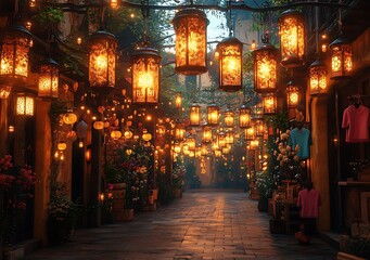 Fototapeta premium An Atmospheric Alley Lit by Numerous Hanging Lanterns at Dusk, with Shopfronts on Either Side