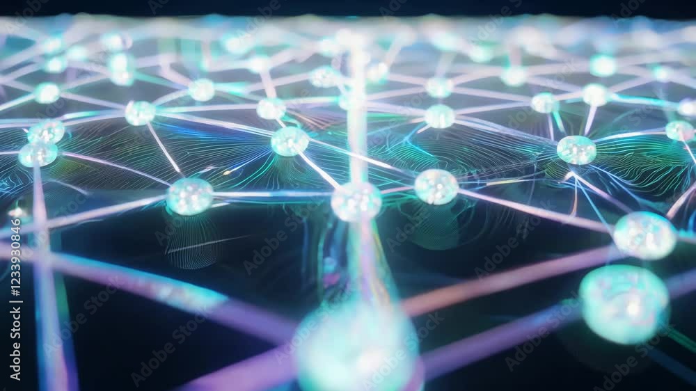 Poster tilt down onto a flat plane of interconnected neural nodes, shimmering with iridescent light, the re