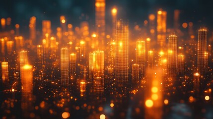Obraz premium Glowing futuristic city, digital landscape, night, bokeh, technology, background