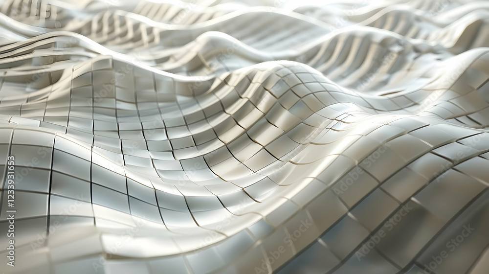 Poster abstract wavy surface with a grid pattern, showcasing light reflections and textures.