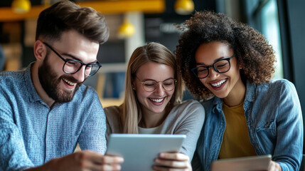 Happy business colleagues having discussion over tablet pc