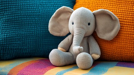 A plush stuffed elephant sitting on a colorful cushion