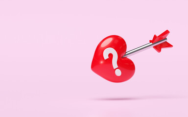 red heart arrow with FAQ or frequently asked questions isolated on pink background. happy valentine's day concept, 3d illustration render