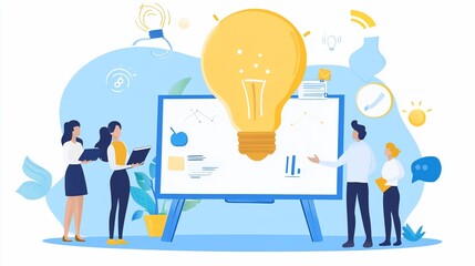 Teamwork brainstorming session with large lightbulb and graphs on whiteboard illustration