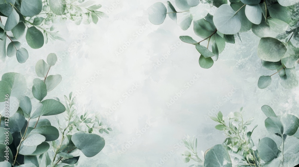 Poster elegant green leaves create a serene backdrop in soft hues for design and artistic projects