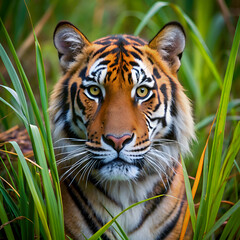 Close-up of a tigers intense gaze.