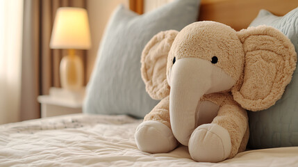 A soft huggable stuffed elephant resting on pillow in a childa??s room