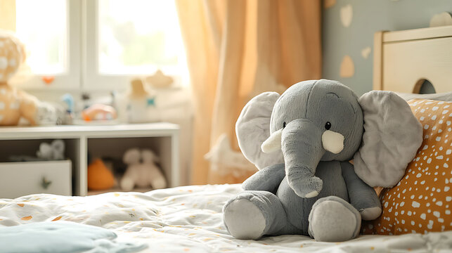 A soft huggable stuffed elephant resting on pillow in a childa??s room