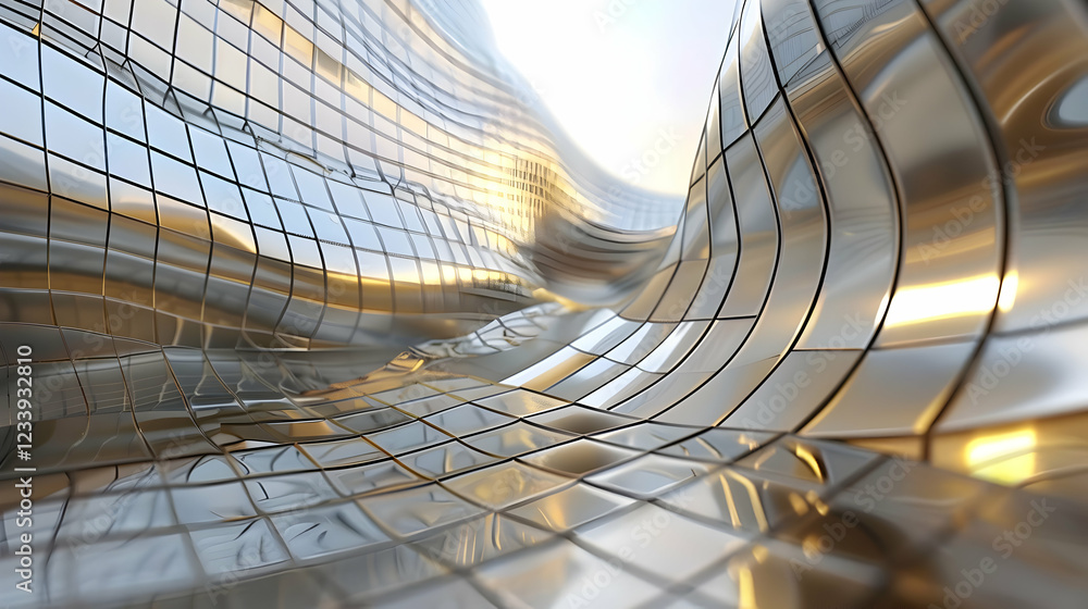 Poster abstract metallic waves reflecting light in a dynamic, fluid-like surface.