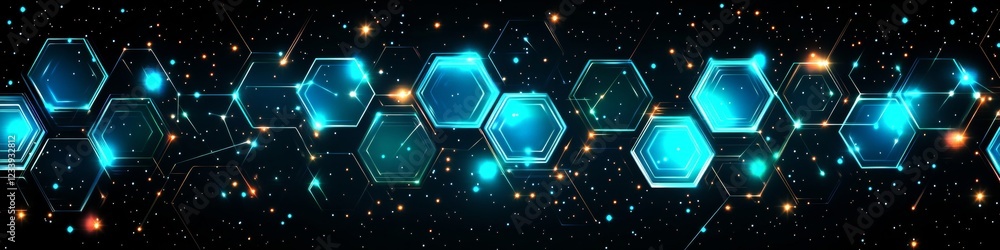 Aufkleber abstract futuristic technology, glowing hexagon network with light particles on a dark background