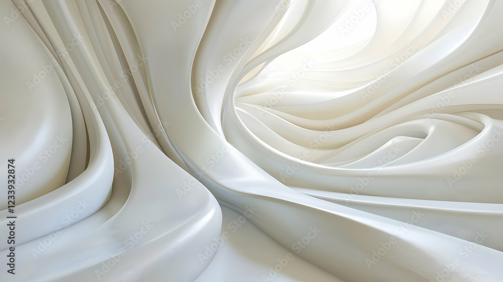 Poster a smooth, flowing abstract design in soft white tones, creating a serene and modern atmosphere.