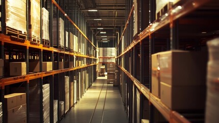 Fototapeta premium Warehouse interior with organized shelves filled with boxes during the day for efficient inventory management