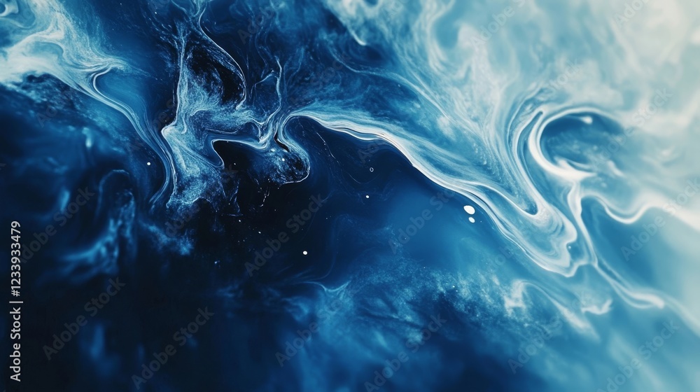 Poster abstract blue and white fluid movement with swirling patterns and textures in a dark background